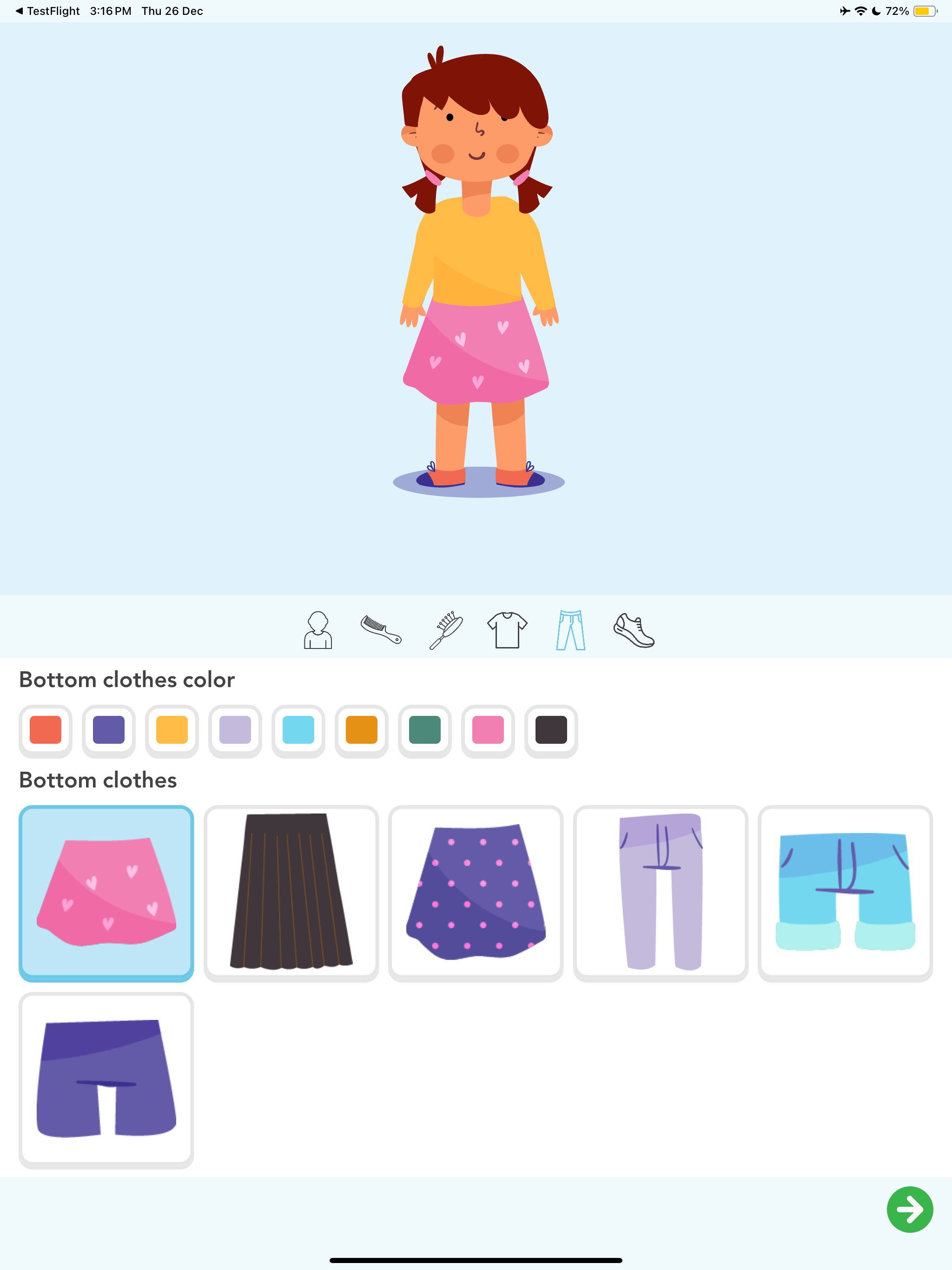 Personnalisation d'avatar fille dans l'application Amal sur iPad — les enfants choisissent leur personnage pour apprendre l'arabe